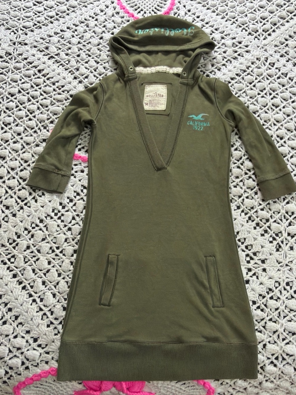 Y2k Hollister Olive Green Hooded Sweatshirt Dress with Teal Logo missing string